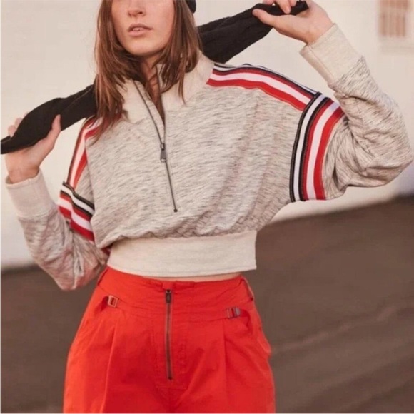 Free People Movement Getting My Vibe Crop Retro Stripe Gray Sweatshirt Size M - Picture 1 of 13